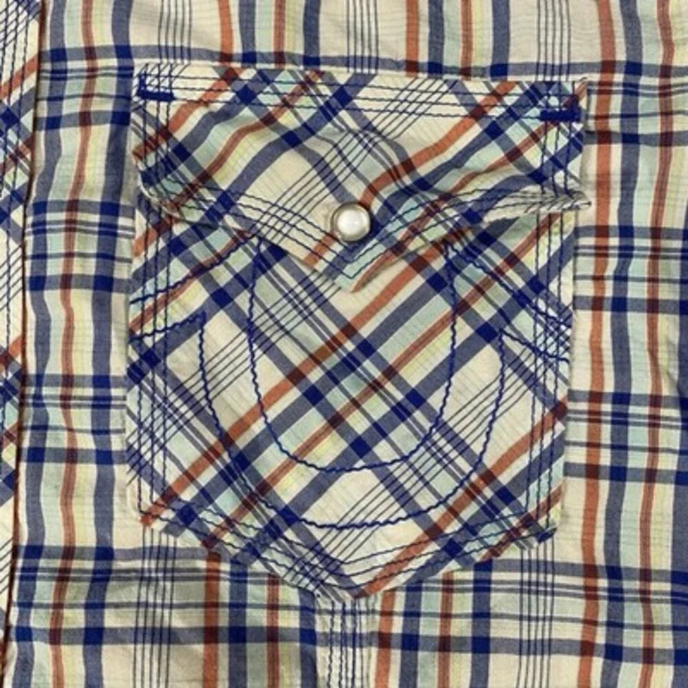 True Religion Pearl Snap Western Shirt XL‎ Blue Red Plaid Cowboy Y2K Preppy